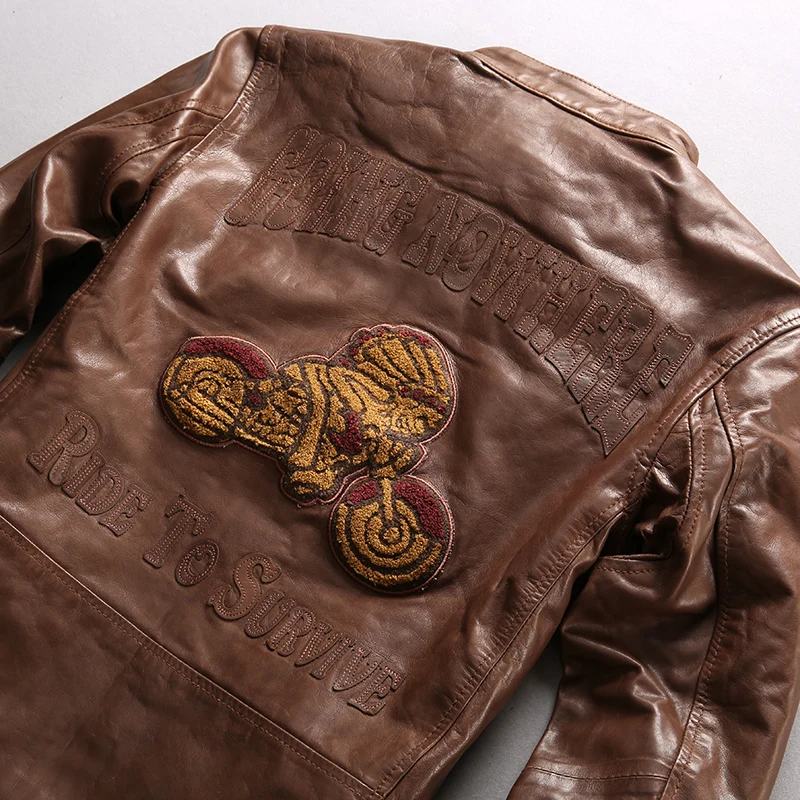 

Factory 2018 New Men Genuine Soft Cow Motorcycle Leather Jacket Fashion Spliced Embroidery American Casual Jackets Autumn Coats