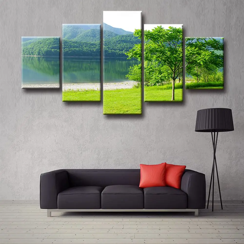 

Green Trees By The Lakeside Landscape Large Modular Poster And Print Canvas Painting For Living Room Wall Art Vintage Home Decor