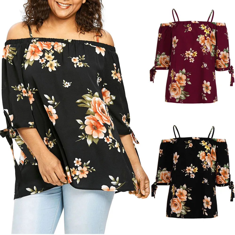 

Women Tops And Blouses Nice Flora Print Off The Shoulder Summer Casual Tee Shirt Tunic Tops Blouse Half Sleeve Summer