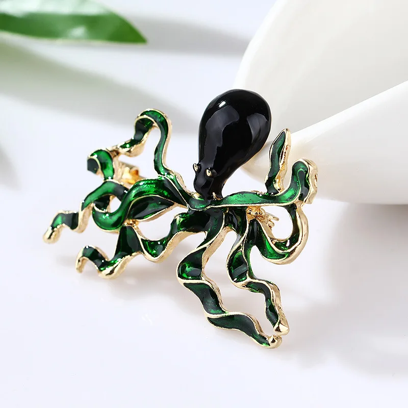 RHao Vivid Black Enamel Green Octopus animal Brooch pins Women Men Kids Squid Fish Corsage Clothes accessories scarf | Украшения и
