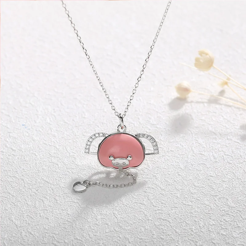 Женская цепочка с подвеской в виде свиньи из серебра 925 пробы|Ожерелья| |