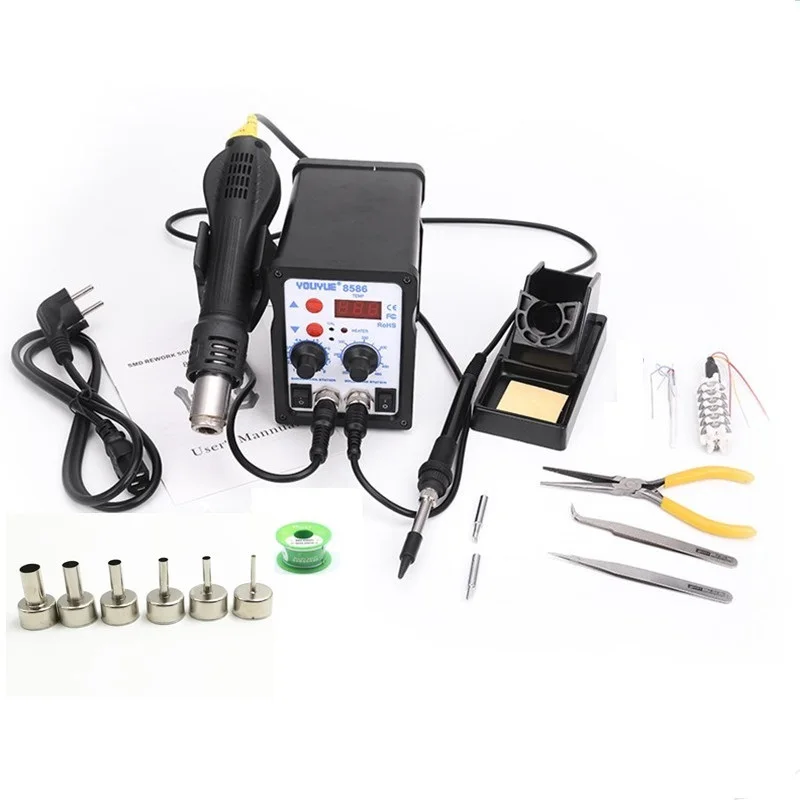 

8586 2 In 1 ESD Hot Air Gun Soldering Station Welding Solder Iron For IC SMD Desoldering+Heating core+Tin Wire+ 6pcs Nozzles