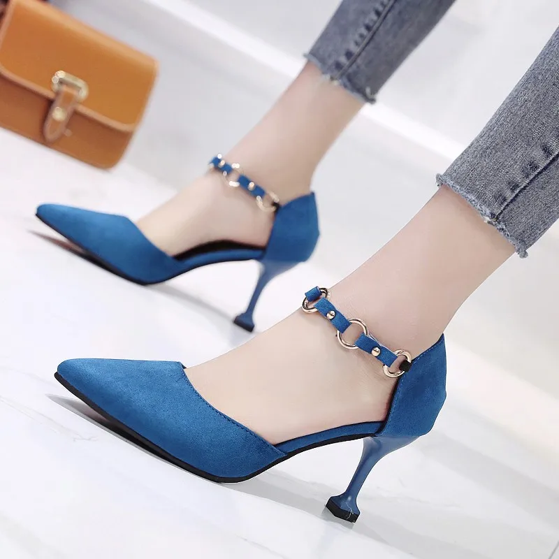 Женские тонкие туфли с острым носком на высоком каблуке-шпильке пряжкой в