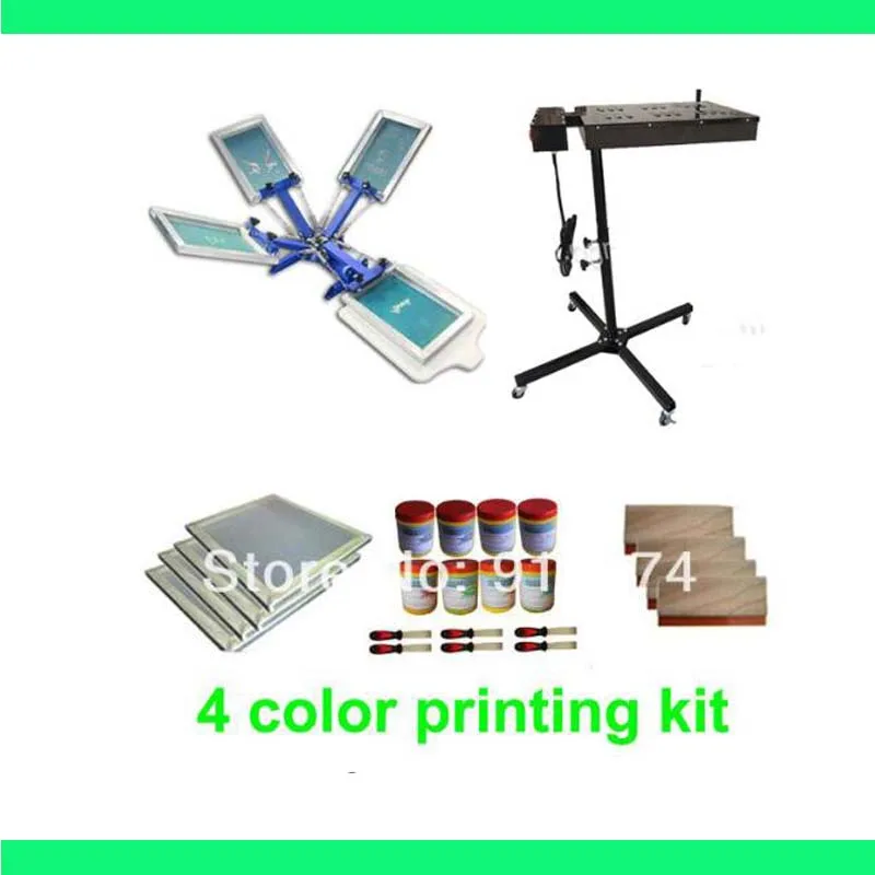 

FAST FREE shipping 4 color silk screen printing kit flash dryer plastisol ink t-shirt printer stretched frame squeegee