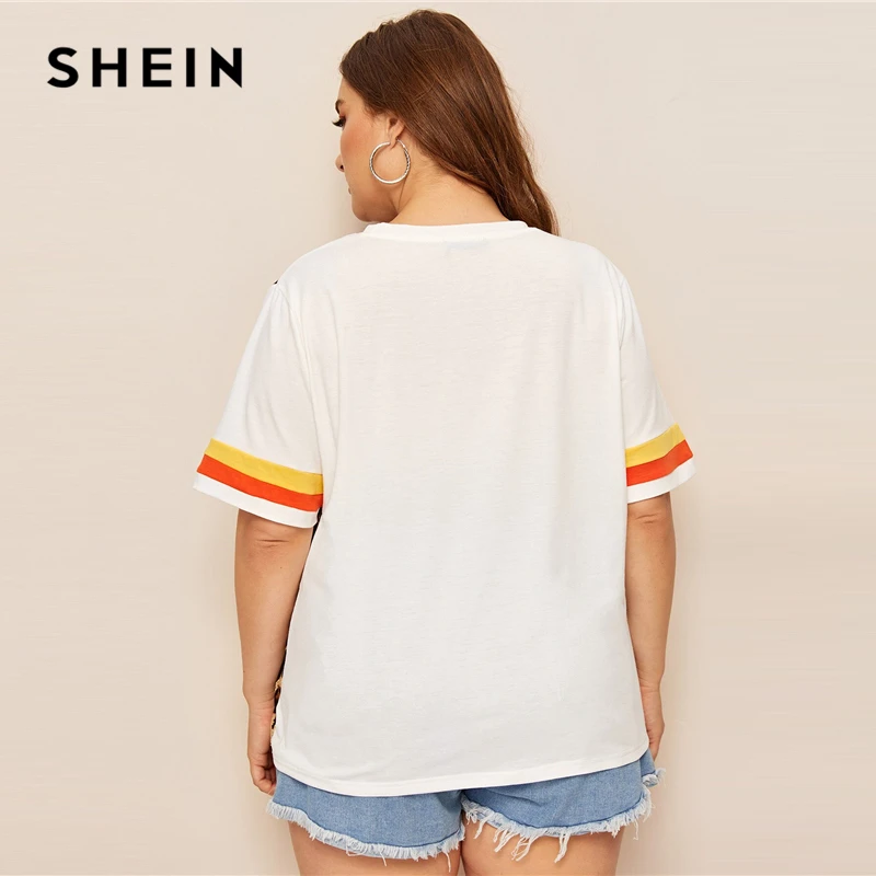 SHEIN, Женский Топ в полоску с леопардовым принтом размера плюс, лето, разноцветная Повседневная футболка с круглым вырезом, уличная футболка