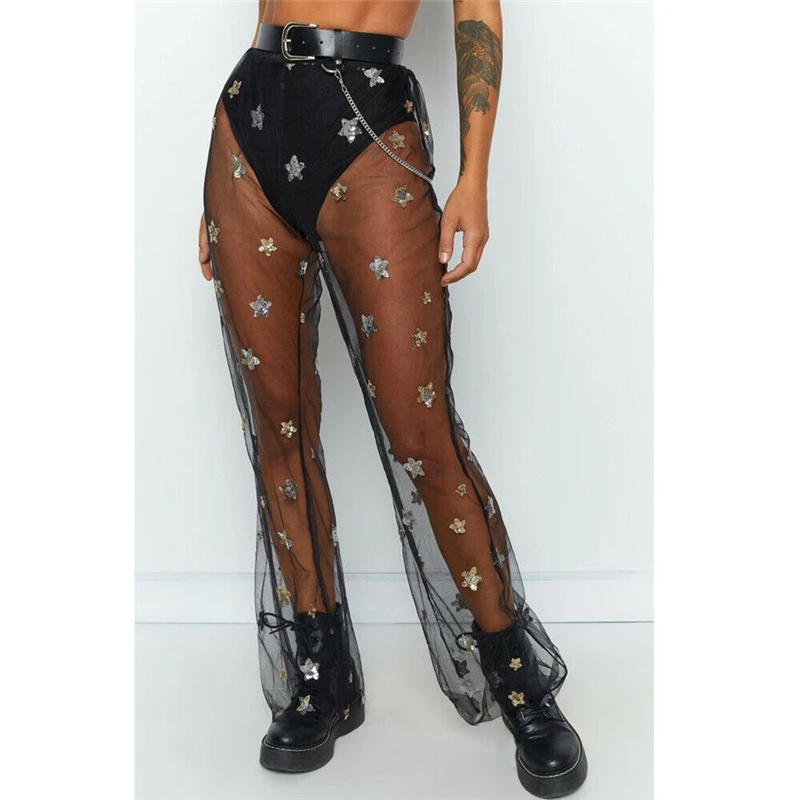 Женские прозрачные сетчатые расклешенные брюки с высокой талией праздничные