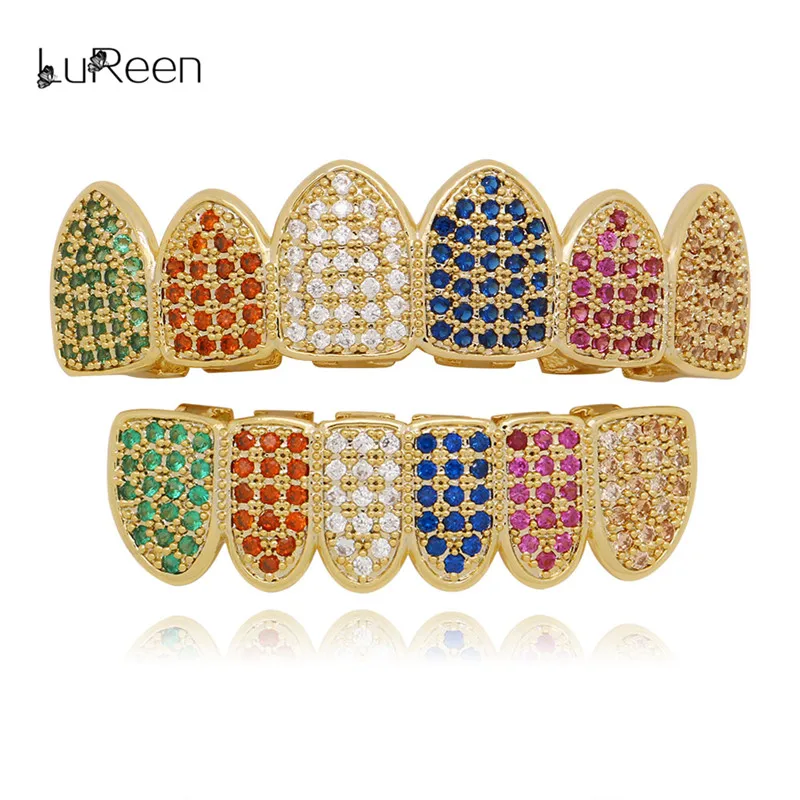 

LuReen Luxury Men Gold Teeth Grillz Colorful Micro Pave Cz Grills Dental Top Bottom Iced Out Teeth Caps Mouth Tooth Jewelry