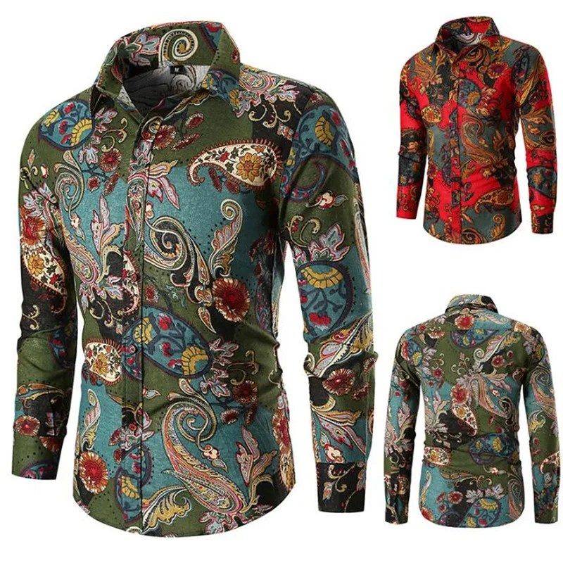 Гавайская Мужская рубашка с длинным рукавом винтажная классическая сорочка