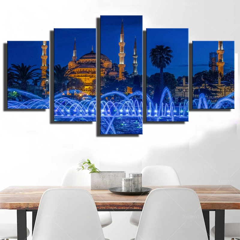 

Poster Decor Modern Prints Wall Art 5 Pieces Islamic Churches Mosque And Fountain Scenery Painting Modular Frame Canvas Pictures