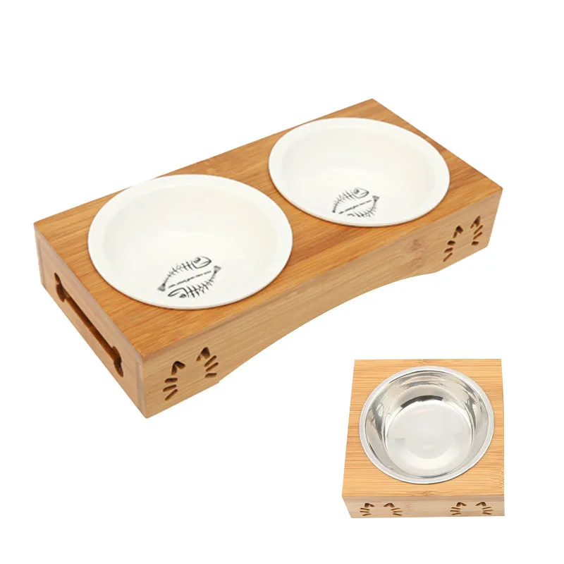 Pet двойная миска для собак Bamboo нержавеющая сталь Керамика Cat собачьего корма чаша