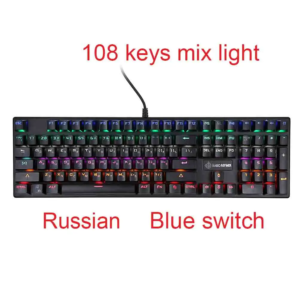 108 mixed russia Механическая клавиатура MAGIC-REFINER, игровая клавиатура с 87/104 клавишами, проводной синий переключатель, смешанная/RGB клавиатура с подсветкой для офиса и геймера - Цвет: 108 mixed russia