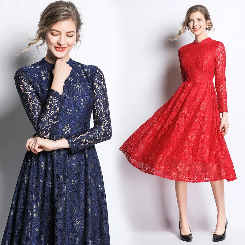 Элегантное открытое офисное повседневное винтавечерние платье 2019 Новое Женское кружевное с длинным