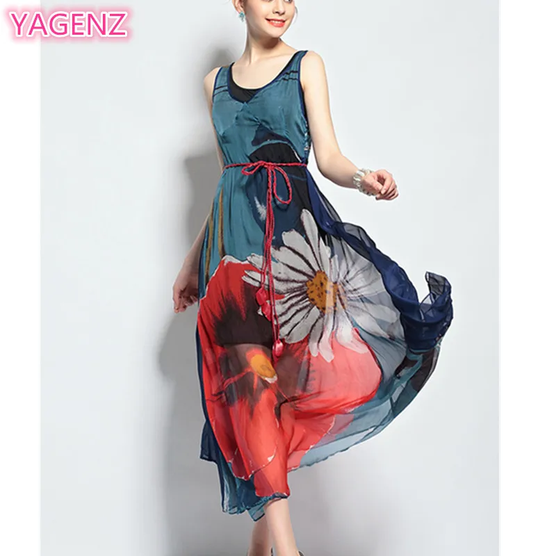 Женское летнее шифоновое платье с цветочным принтом и круглым вырезом|womens