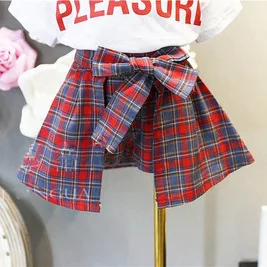 Детский комплект летней одежды клетчатая юбка с бантом + футболки принтом