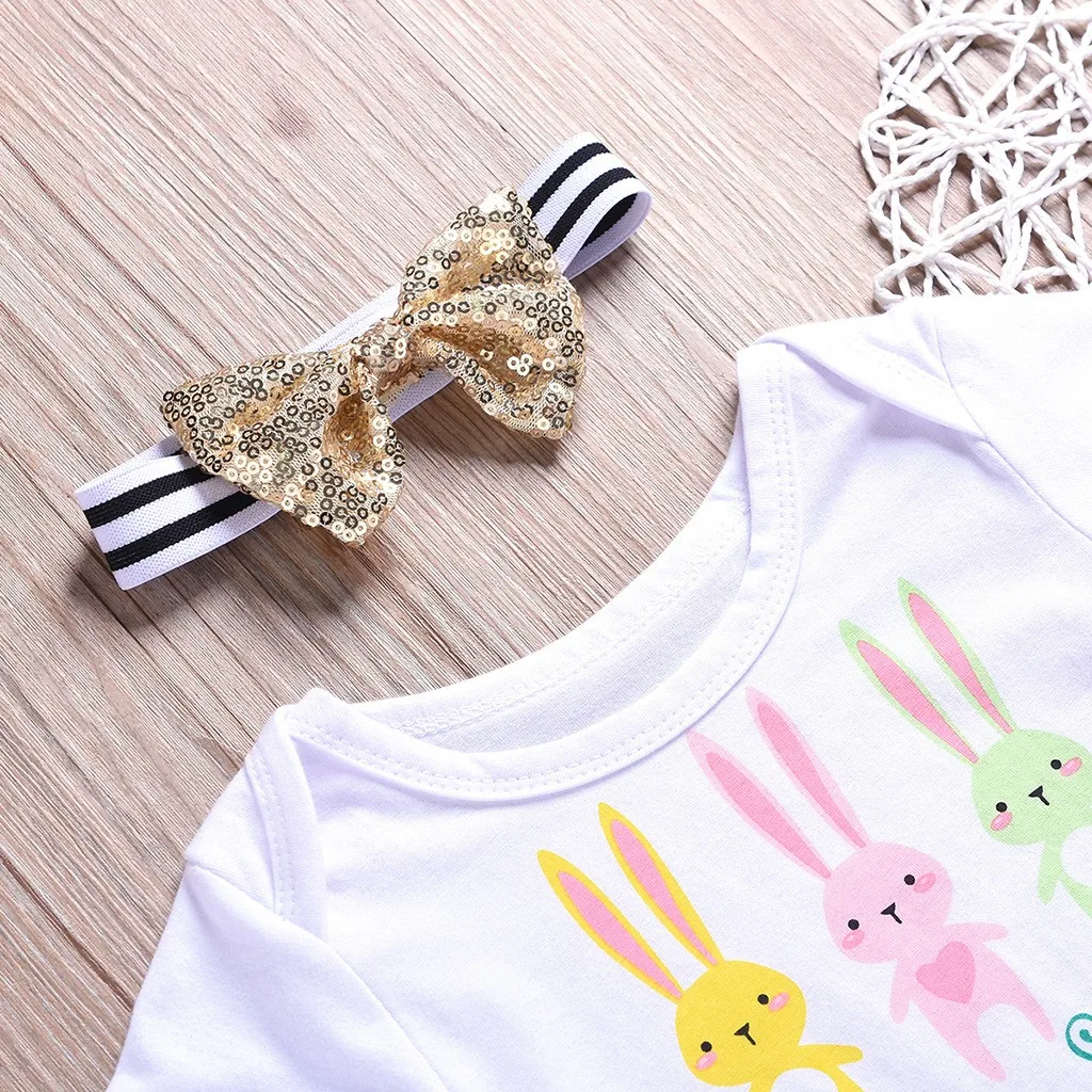 TELOTUNY 2019 Baby Girls Toddler Short Sleeve Letter Romper Tops+Floral Pants+Headbands Set Outfits Happy Easter Sets#40 | Мать и ребенок