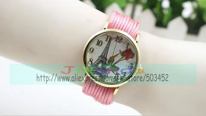 100 шт./лот часы с плетеным шнурком розовым цветком Эйфелевой башней женские