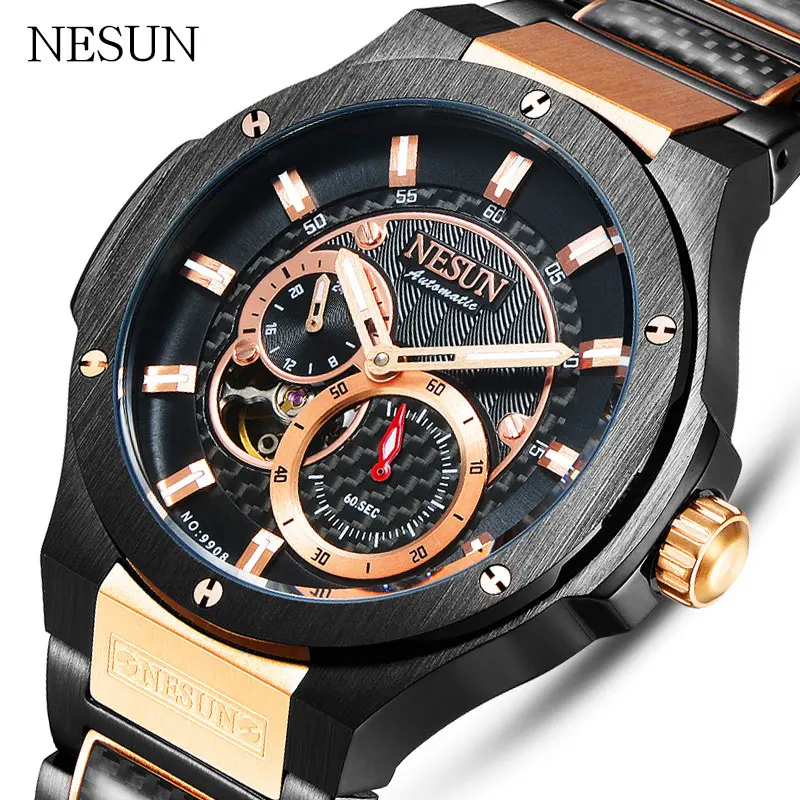 RoseGold NESUN Креативная одежда Мужские автоматические механические наручные часы Роскошные Лидирующий бренд Сапфир водонепроницаемые спортивные часы Relogio Masculino - Цвет: RoseGold
