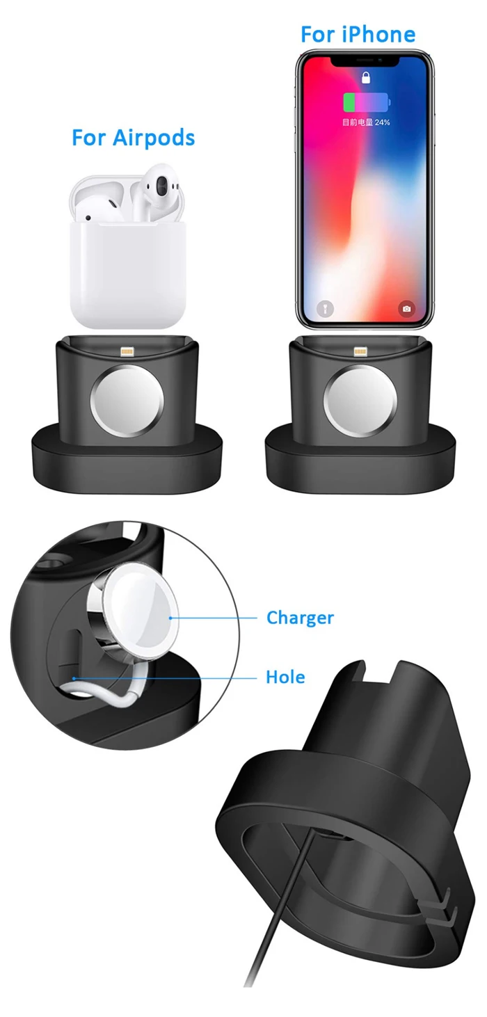 Fivetech 3 в 1 держатель для телефона для AirPods Apple Watch Подставка для зарядки мягкий силиконовый держатель для iPhone/Apple Watch/AirPods подставка для телефона