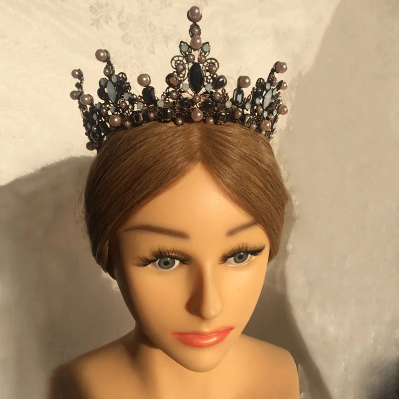 Vintage Baroque Large Tiara Bridal Crown Imitation Pearls Royal Diadems Full Round European Wedding Tiaras Bronze Black Crowns | Украшения