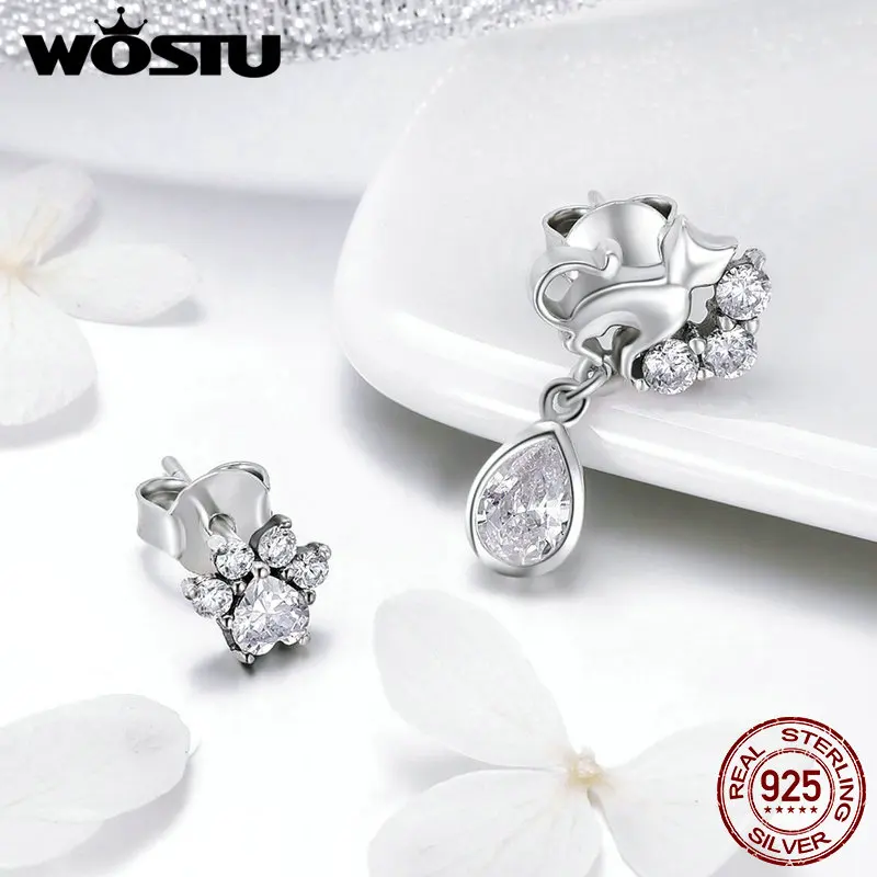 WOSTU подлинные 925 пробы серебряные серьги-гвоздики с милым котиком и прозрачным кристаллом для женщин серебряные ювелирные изделия высокое качество подарок CQE424