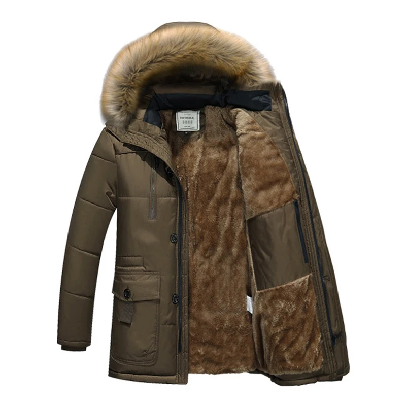 Мужская однотонная парка с капюшоном мехом на хлопковом наполнителе|winter jacket