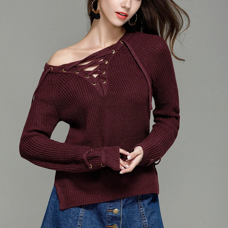Women Autumn Pullover Fincati 2017 Sexy Lace Up V-Neck Long Sleeves New Solid Color Irregular Split Hem Winter Tops Femme | Женская