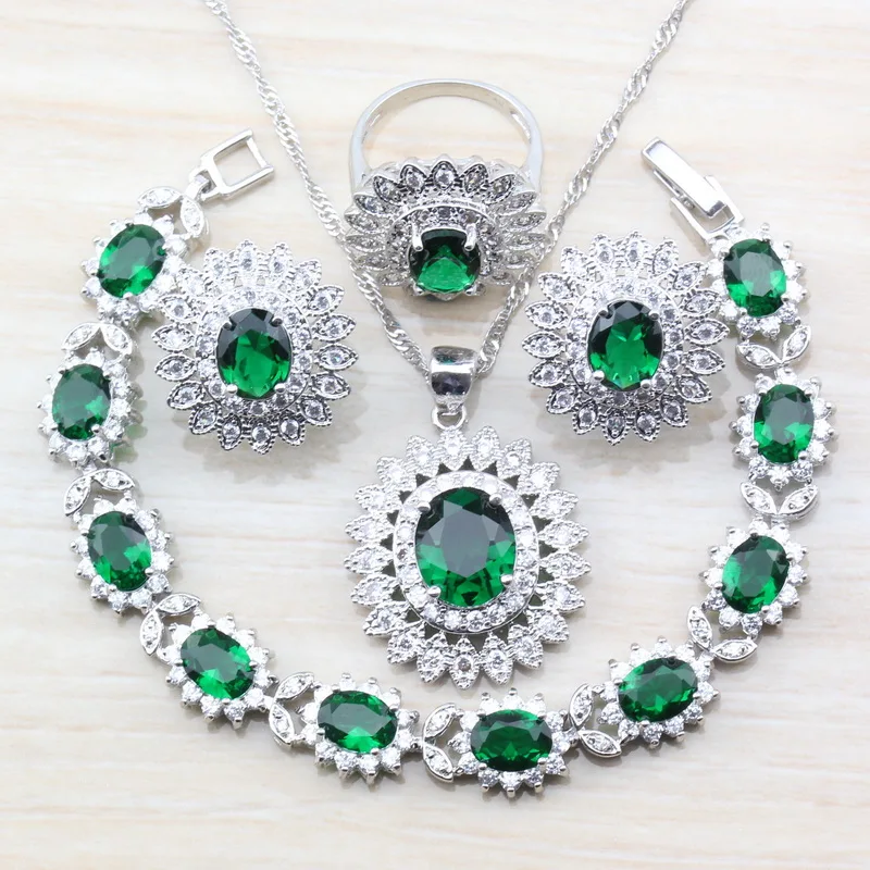 Красивый цветок зеленый циркониевый белый кристалл 925 стерлингового серебра 4 комплект ювелирных изделий серьги, ожерелья кольцо для женщин