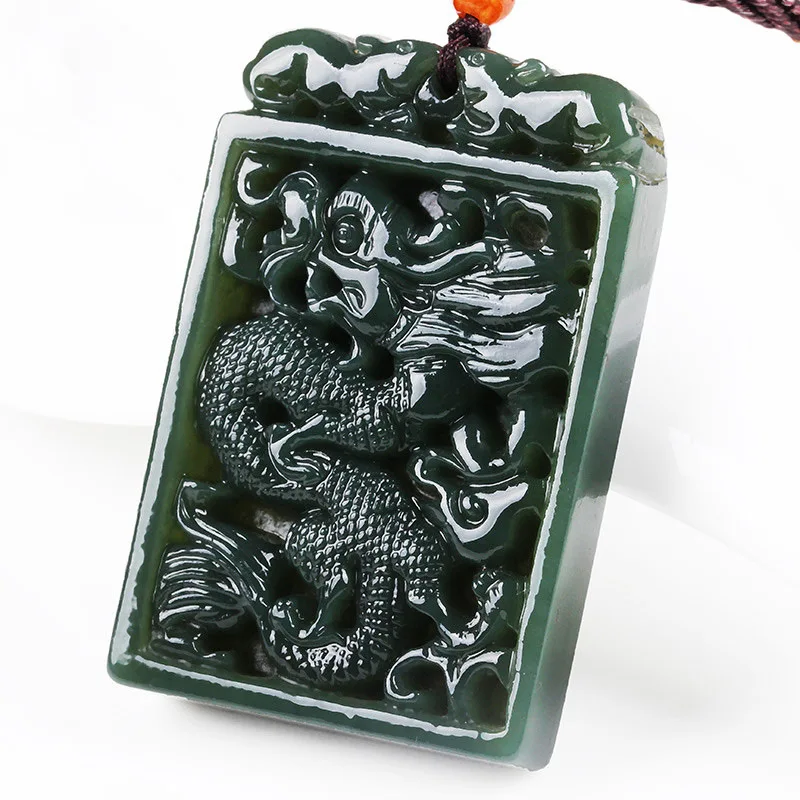 Натуральный темно-зеленый нефритовый кулон из нефрита резной китайский дракон