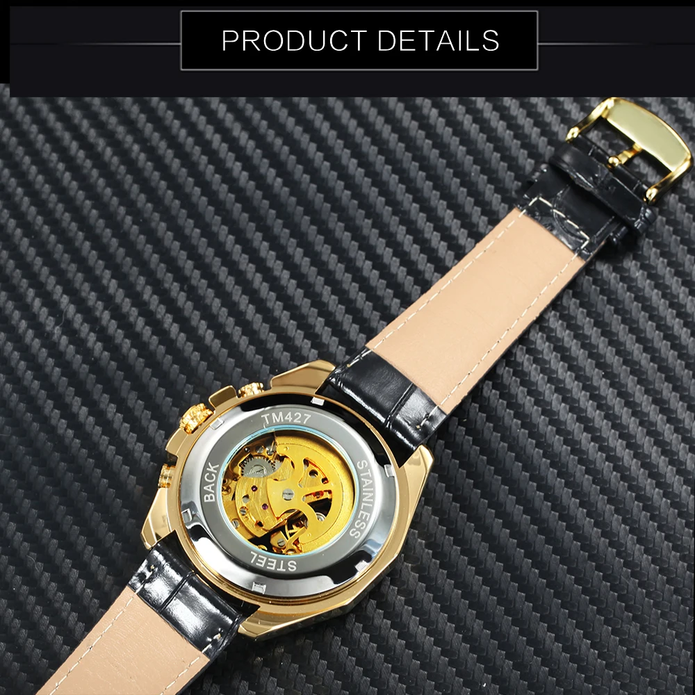 FORSINING Fashion Royal Auto Mechanical Watch Men Leather Strap Golden Skeleton Mens Watches Top Brand Luxury relogio masculino | Наручные