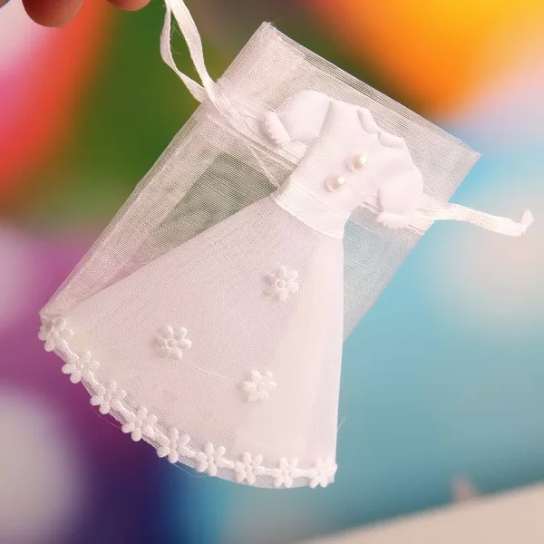 Baby Shower 7*9 см органза Сумки свадебное платье Дизайн конфеты пользу со шнурком 48