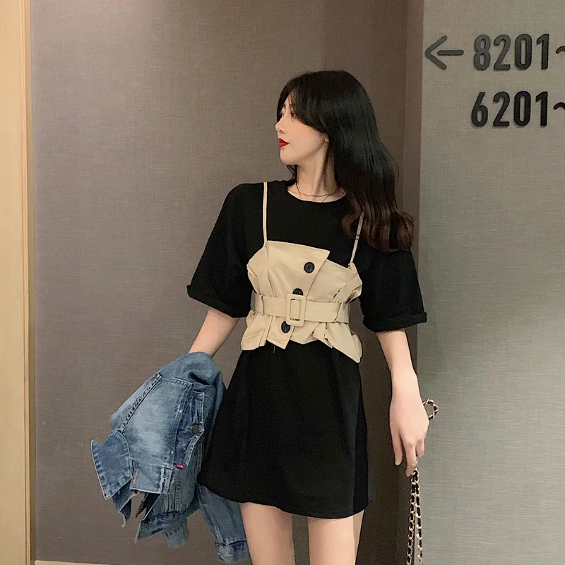 2 цвета летнее платье 2019 повседневное свободное с коротким рукавом мини Vestidos Feminino