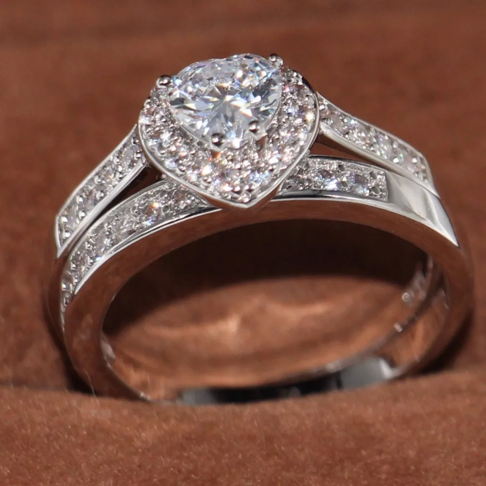 Женское кольцо с фианитом 10KT подарочное сердцем из белого золота 5 А 50%|ring set|heart