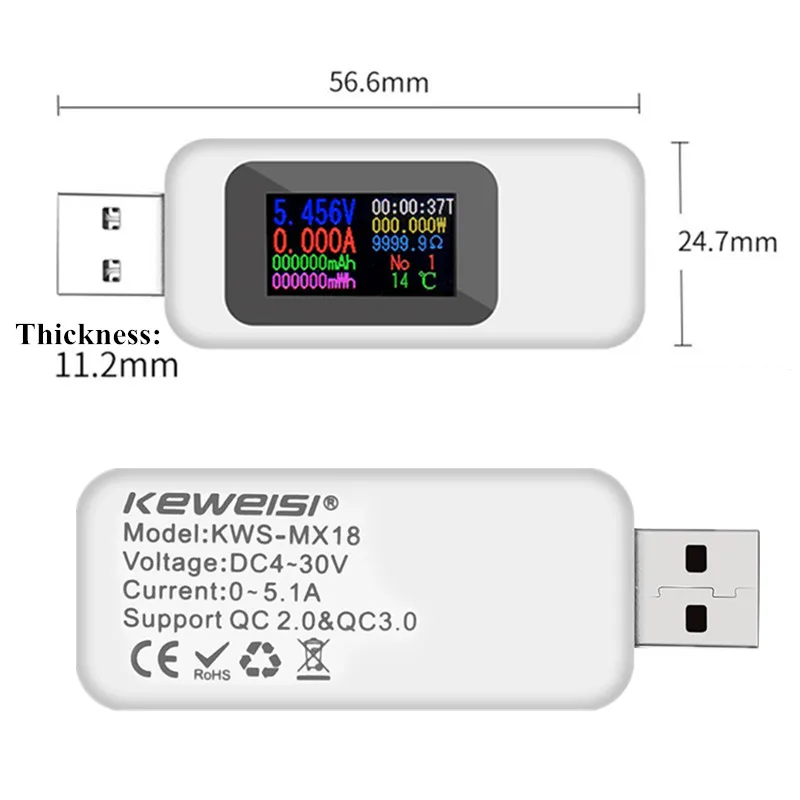 Цифровой USB тестер 10 в 1 измеритель напряжения и тока с цветным ЖК дисплеем