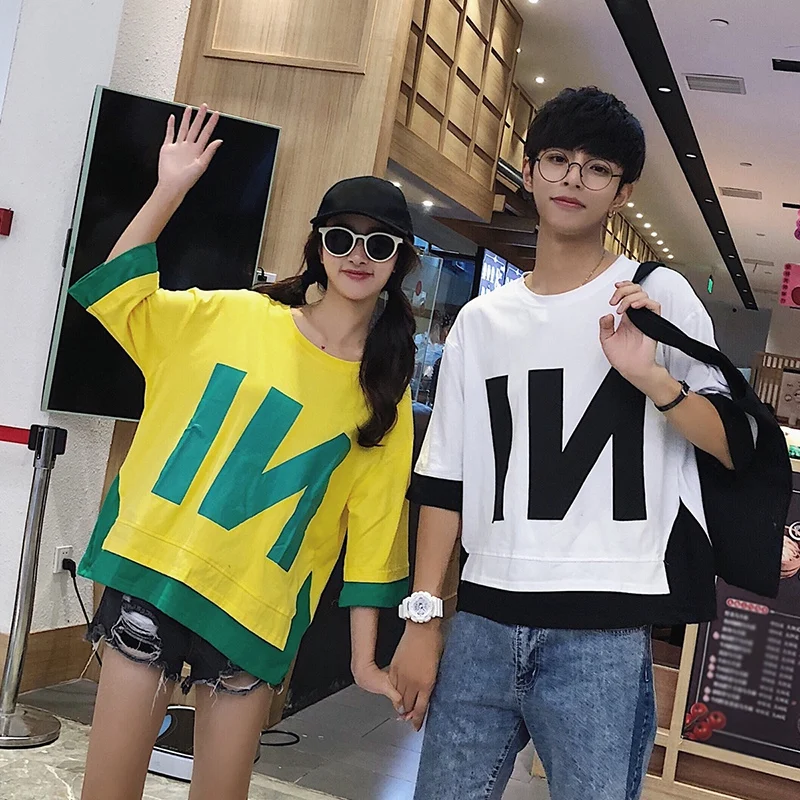 Женская и мужская футболка с буквенным принтом цвет желтый белый синий черный