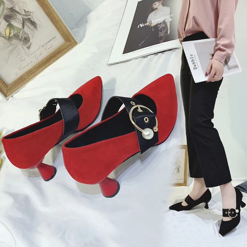 HOT Dress Shoes High Heels Boat Wedding tenis feminino Summer Women Pointed Toe Pumps Side with Pearl 5CM | Обувь