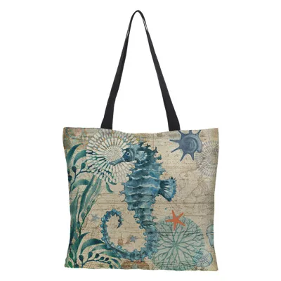 04 Индивидуальная сумка-тоут с рисунком морского конька черепахи осьминога, дорожные сумки на плечо, эко льняной мешок для покупок для женщин с принтом, забавная сумка - Цвет: 04