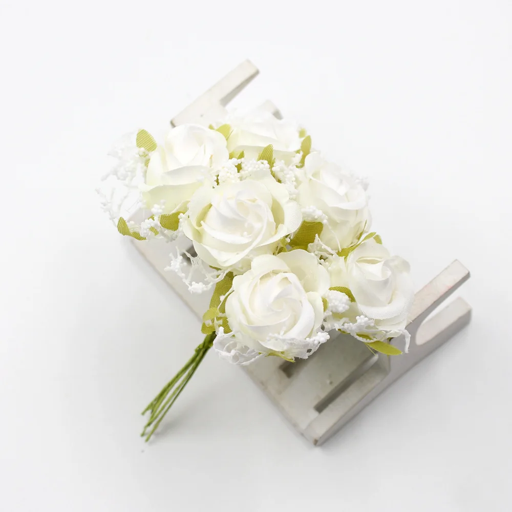 6 шт./лот Белое кружево высококачественный Шелковый букет роз искусственные