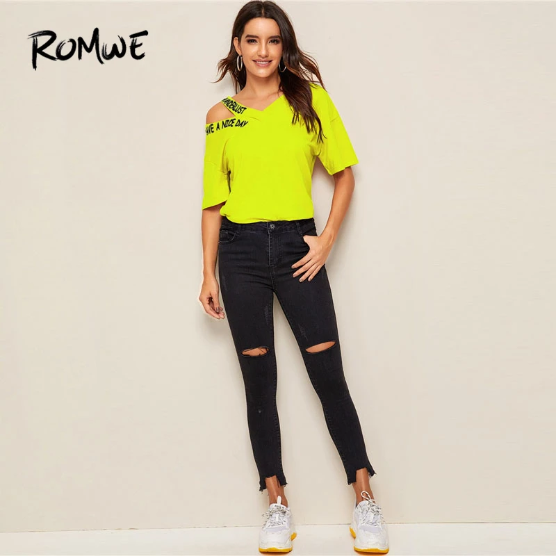 ROMWE Neon Green Lime Cut Out Shoulder Slogan Print Tee Tops Women Summer Asymmetrical Neck Half Sleeve Casual T Shirts
