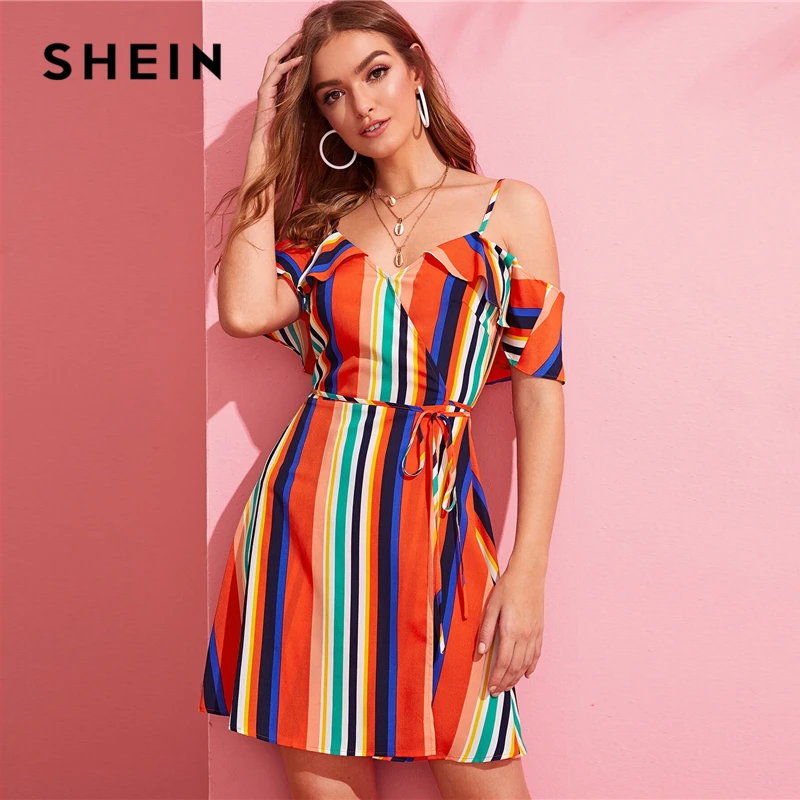 SHEIN летнее платье с открытыми плечами и поясом в радужную полоску, женское платье на бретельках с v-образным вырезом, облегающее и расклешенное платье с высокой талией в стиле бохо