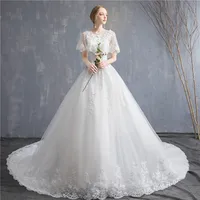 2019 New Wedding Dresses Roamntic White Lace U-neck Tulle Flower Princess Wedding Dress Elegent Luxury Bridal Wedding Dress