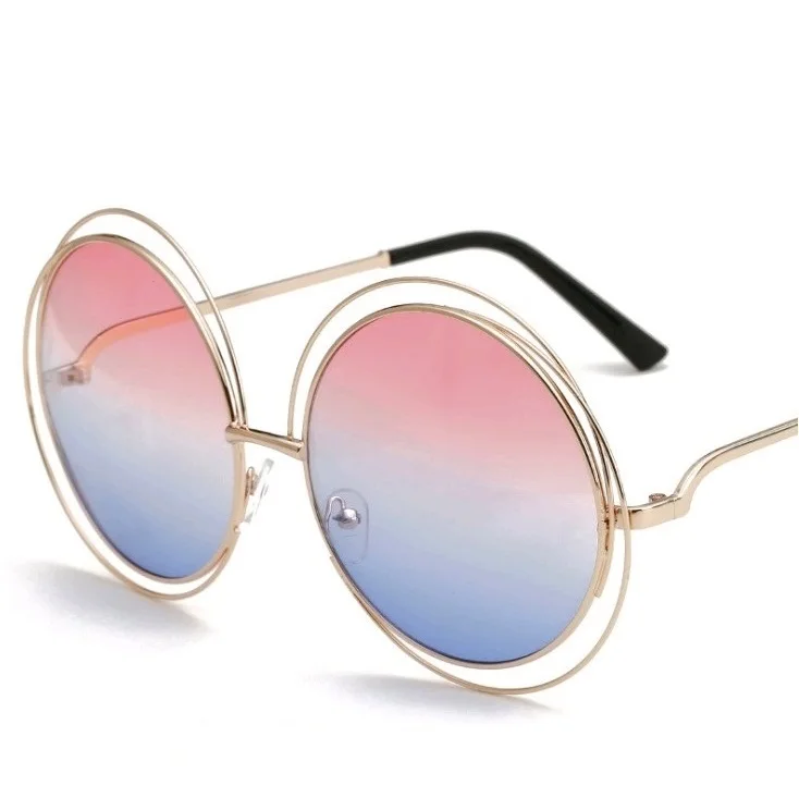 Gold - Pink Blue Новейшие круглые негабаритные солнцезащитные очки для женщин, зеркальные солнцезащитные очки для вождения, женские солнцезащитные очки с большой оправой, солнцезащитные очки с градиентными линзами Oculos De Sol - Цвет линз: Gold - Pink Blue