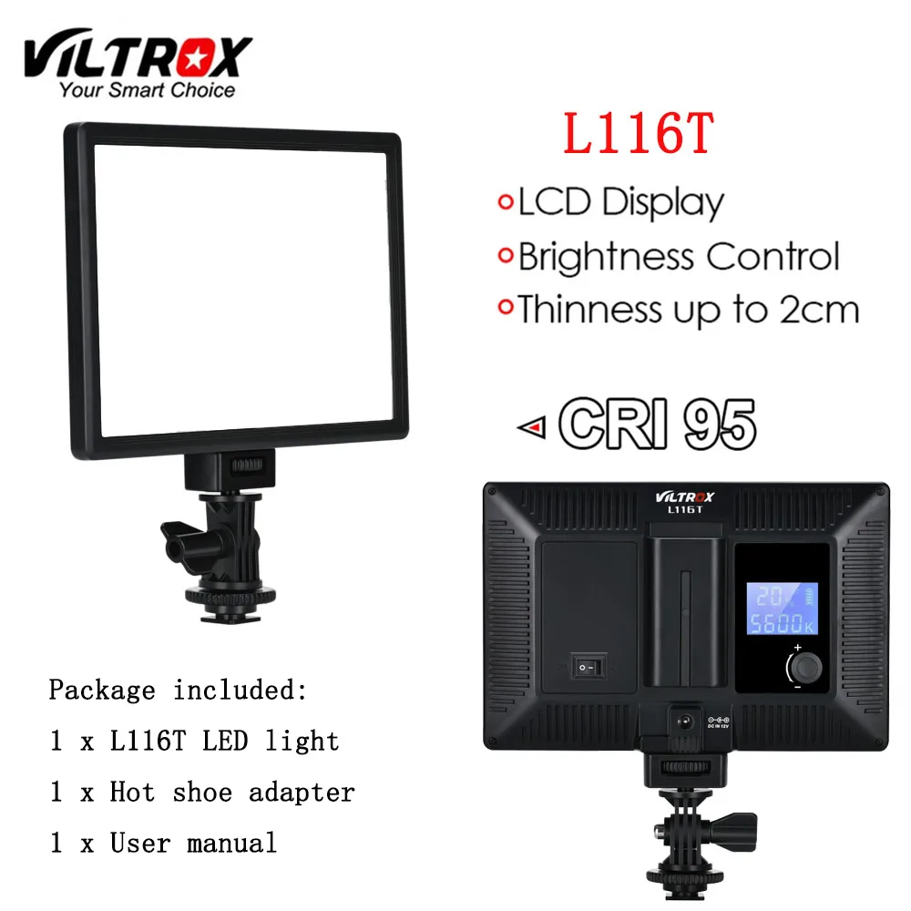 L116T Viltrox L116T ЖК-дисплей двухцветный и Диммируемый тонкий DSLR видео светодиодный светильник дополнительный аккумулятор+ адаптер переменного тока для камеры DV видеокамеры - Цвет: L116T
