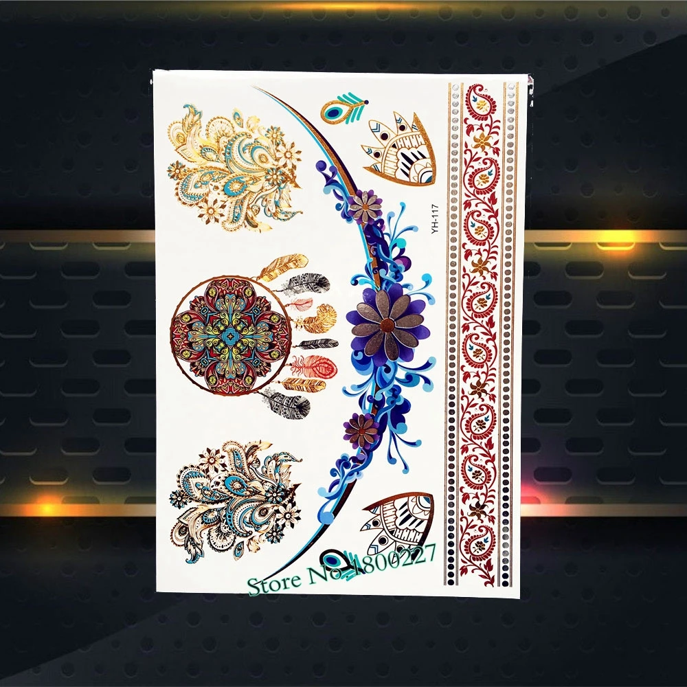 Красота боди арт золотая металлическая Татуировка Ловец снов перо цветок рука наклейка Водонепроницаемая