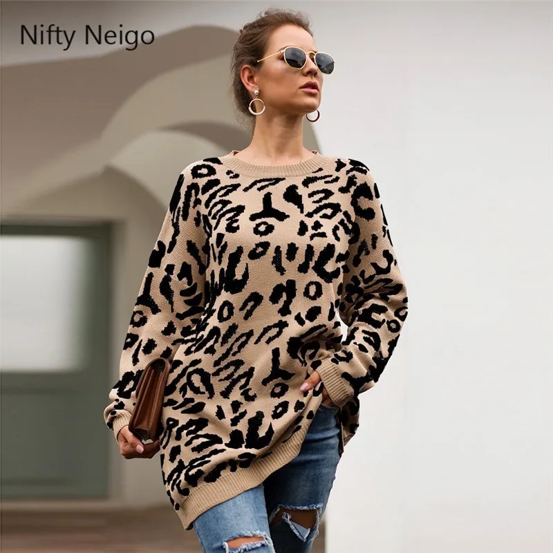 Nifty Neigo Леопардовый принт трикотажная одежда длинный рукав О-образный вырез