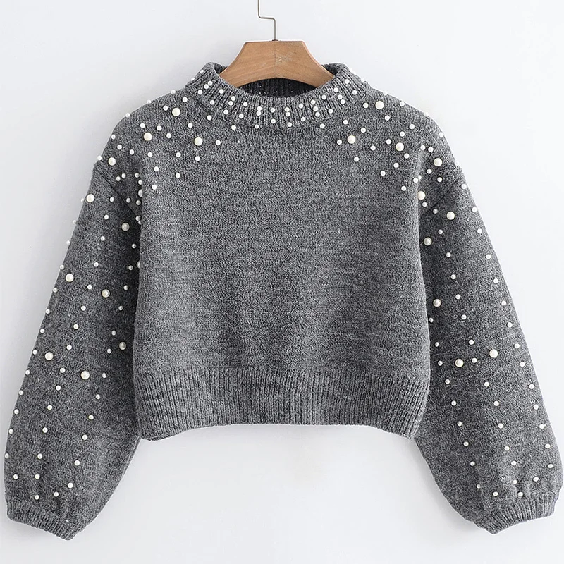 Pearl Turtleneck Sweater Women Winter Knitted Sweaters Lantern Sleeve Loose Short Pullover Female Autumn Casual Jumper MY776 | Женская