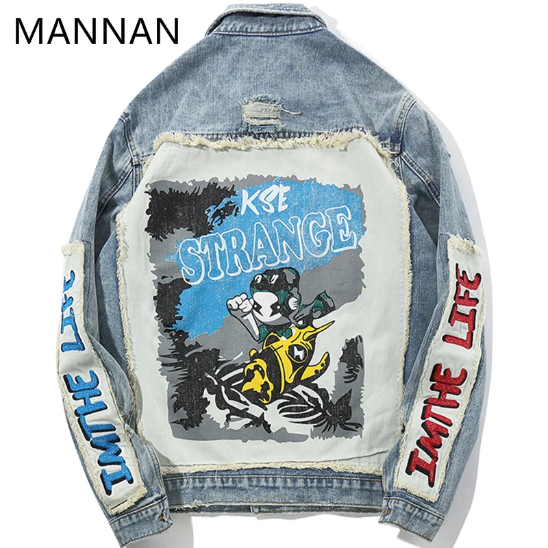 MANNAN Hi Street Мужская джинсовая куртка Готическая вышивка рваная зауженная мужское