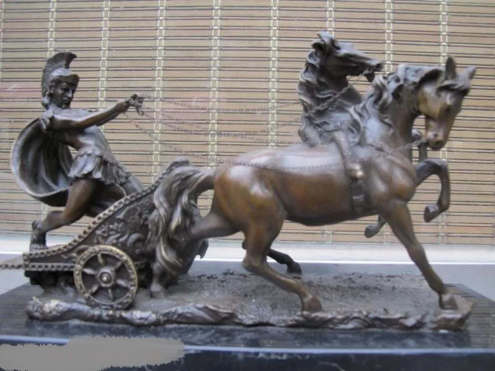

Fine ART Sculpture Bronze Marble Roman Empire elite warrior Horse cart Statue
