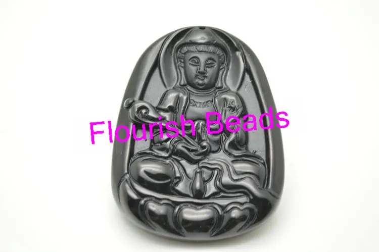 

Buddhist Style Natural Black Obsidian Carved Guanyin Buddha Pendants Unisex Jewelry