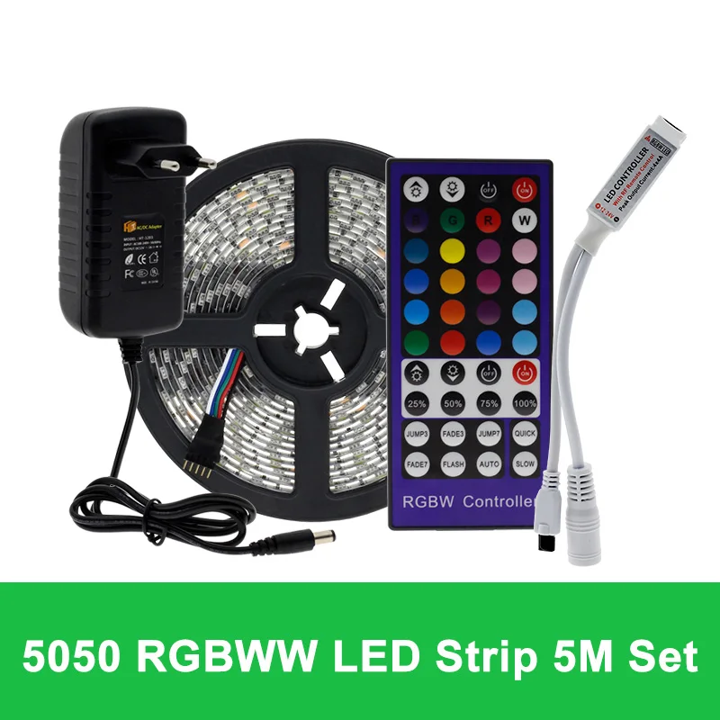 Цветная(RGB) Светодиодные ленты набор 5M 2835 5050 RGBW/RGBWW Светодиодные ленты светильник+ ИК-пульт дистанционного управления+ DC12V Мощность адаптер светодиодный гибкая неоновая лента - Испускаемый цвет: 5050 RGBWW 5m Set