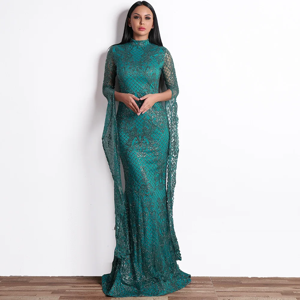 

Vintage long prom dresses mermaid for women dark green champagne sequin long sleeves high neck evening party costume PD32902